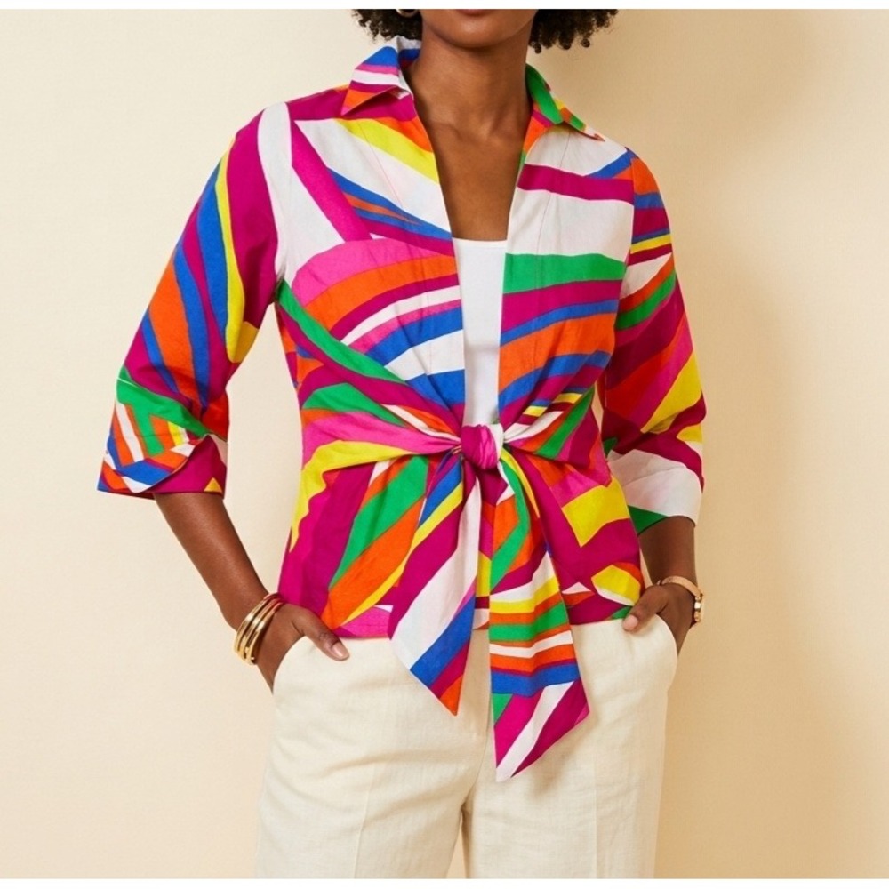 Mishca Tie Front Blouse XL Multicolor Abstract Stripe Cotton 3/4 Sleeve Boho Top